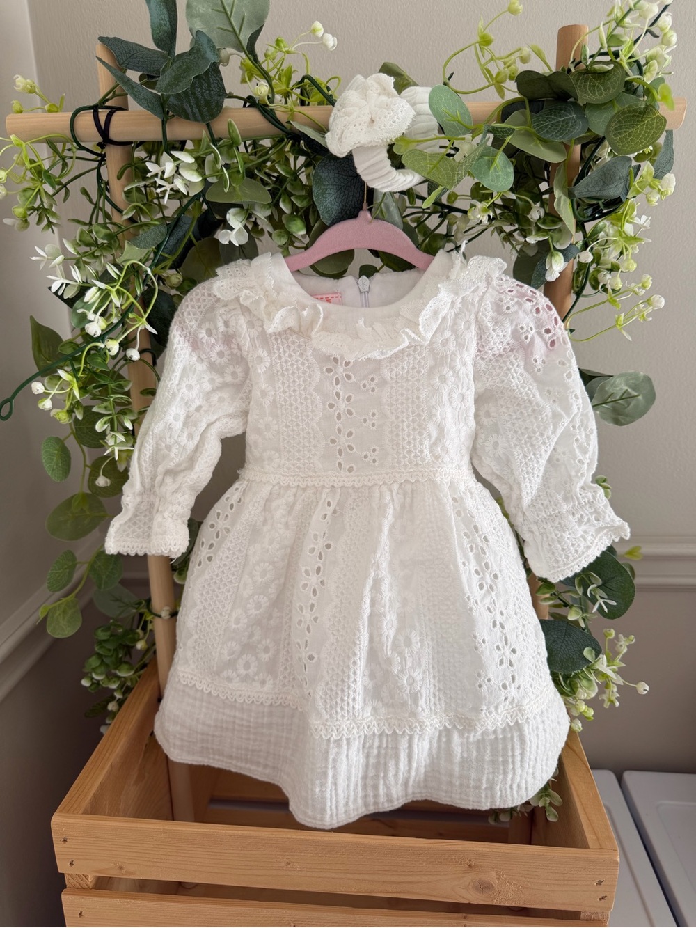 White Eyelet Lace Girls' Formal Dress with Ruffled Collar + Matching Headband